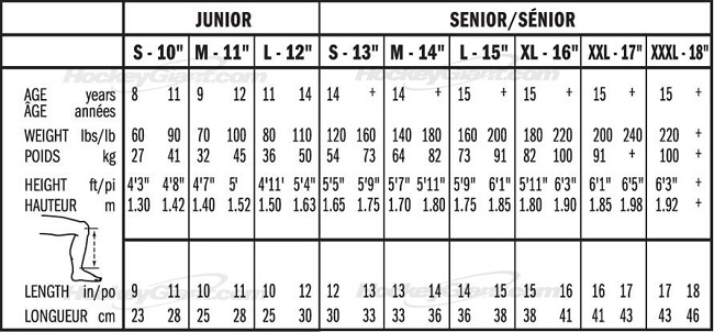 Easton Skate Size Chart